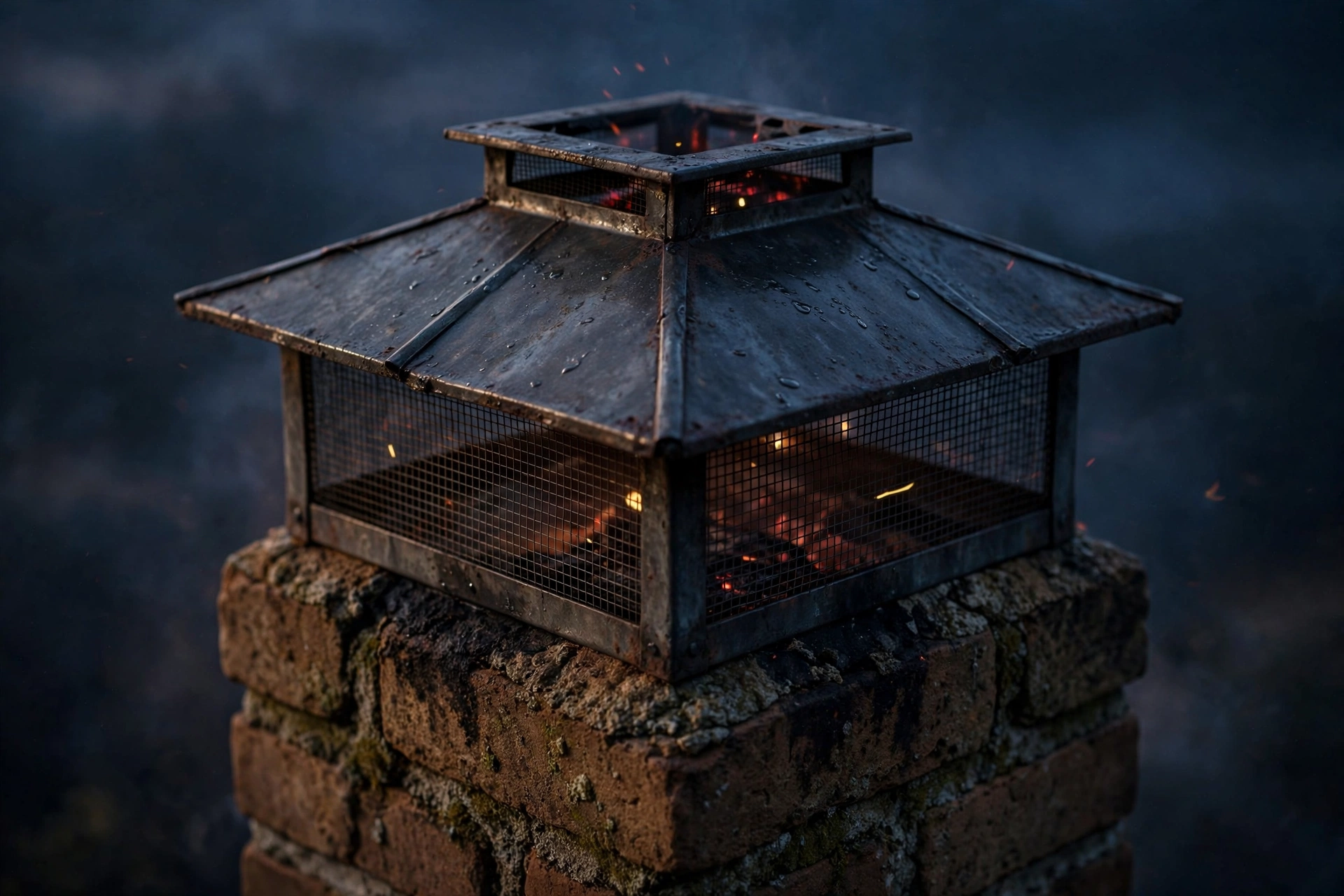 A chimney cap on a brick chimney against the evening sky