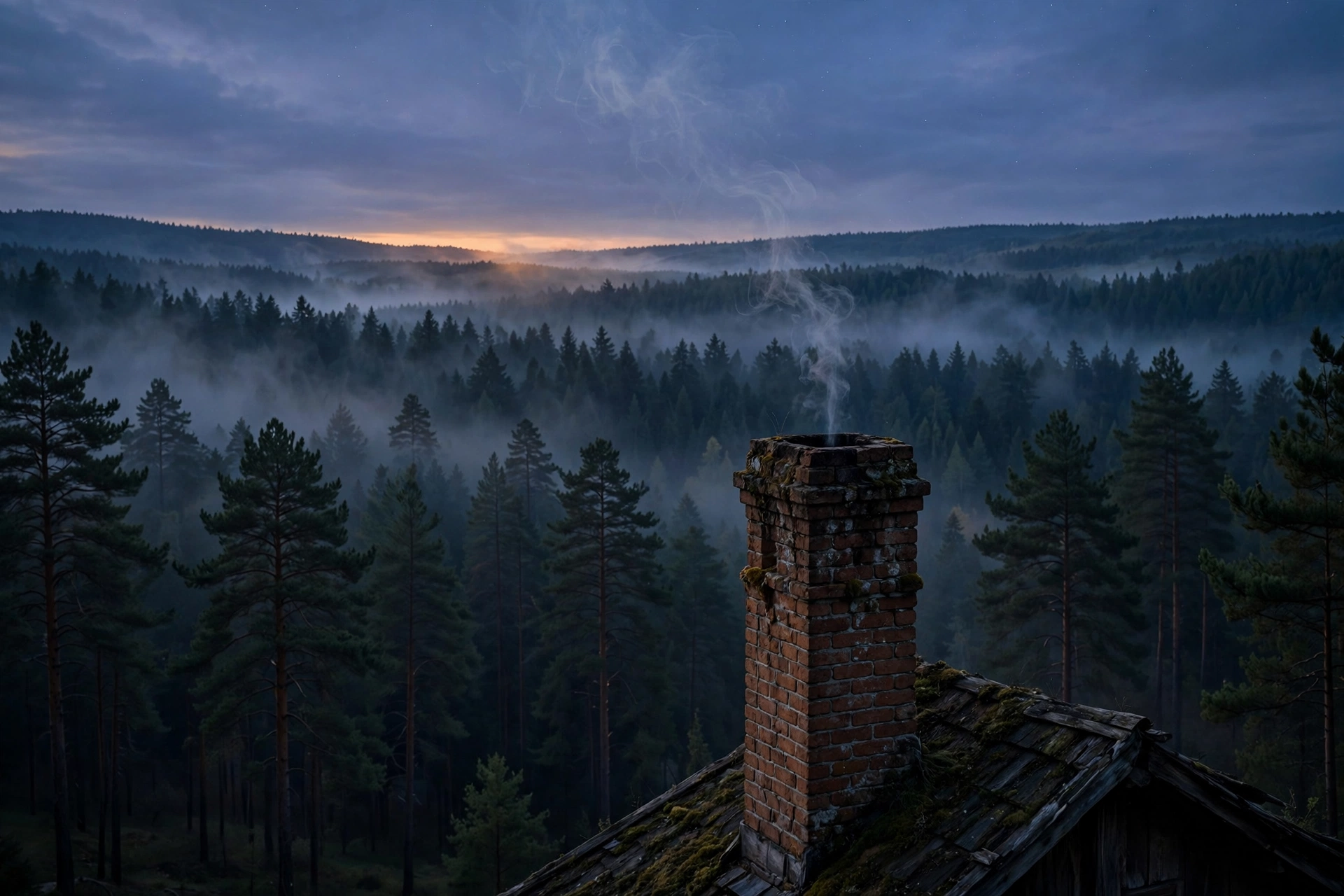 A brick chimney with smoke rising over a pine forest at dusk