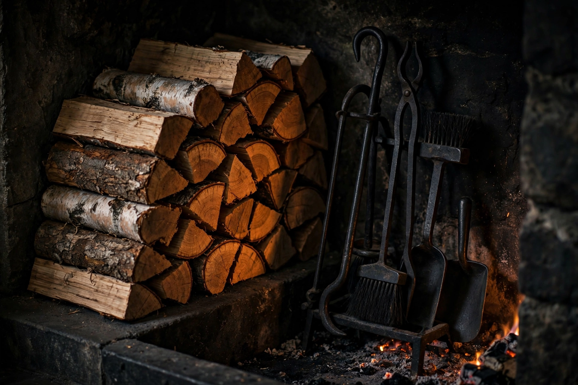 Stacked firewood beside iron fireplace tools